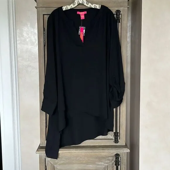 Catherine Malandrino Black High Low Tunic Blouse Top With Roll Tab Sleeves size - Picture 2 of 9